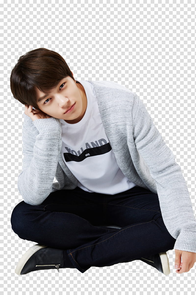 Kim Myung Soo infinite nichole, sitting man wearing gray cardigan transparent background PNG clipart