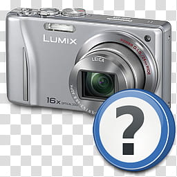 Devices and Printers Icon Collection , Panasonic Lumix ZS, Help , gray Lumix point-and-shoot camera beside question mark symbol transparent background PNG clipart
