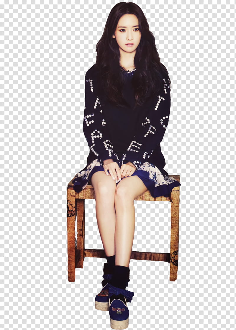 Yoona render , woman in black long-sleeved minidress sitting on brown wooden stool transparent background PNG clipart