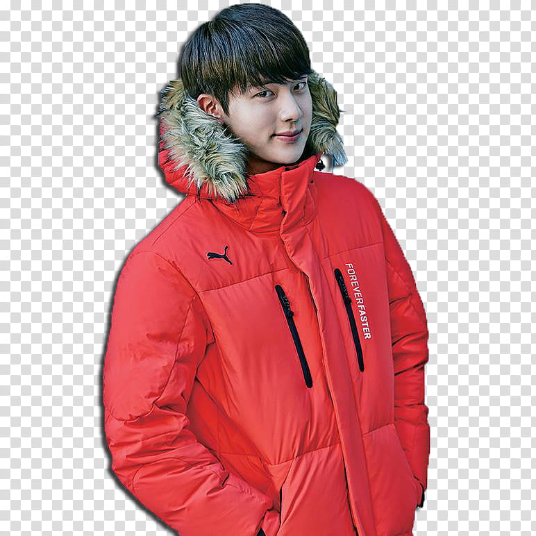 BTS, man wearing red parka jacket transparent background PNG clipart