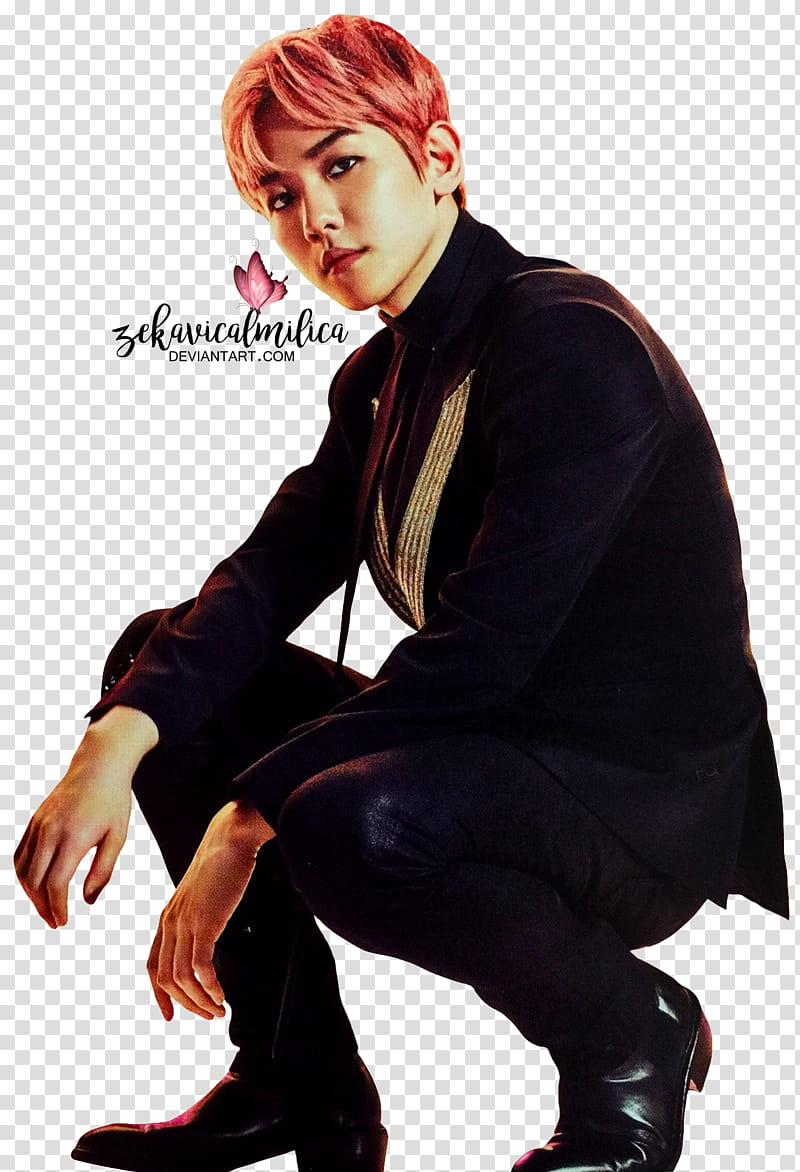 EXO CBX Baekhyun MAGIC, man wearing black suit dress sitting transparent background PNG clipart