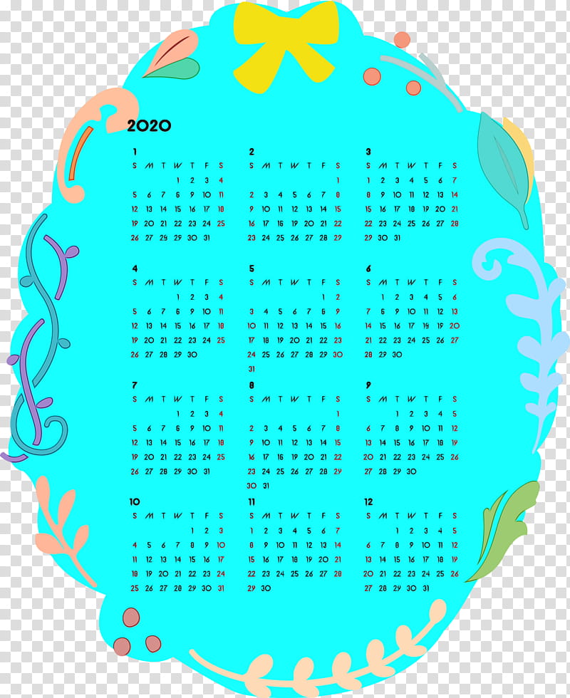 turquoise aqua circle, 2020 Yearly Calendar, Printable 2020 Yearly Calendar, Year 2020 Calendar, Watercolor, Paint, Wet Ink transparent background PNG clipart