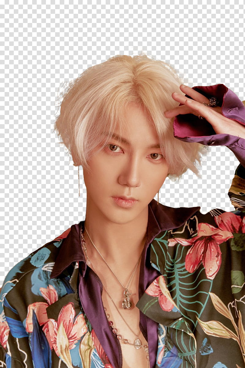 SUPER JUNIOR LO SIENTO  , man in multicolored floral dress shirt transparent background PNG clipart