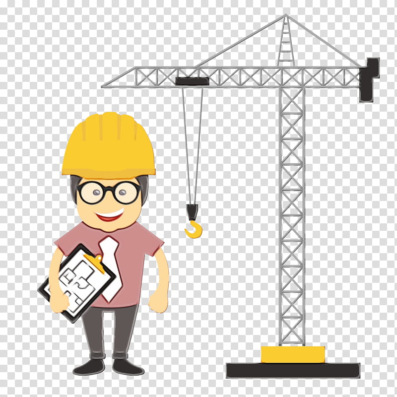 cartoon construction worker crane yellow construction, Watercolor, Paint, Wet Ink, Cartoon, Line, Headgear, Hard Hat transparent background PNG clipart