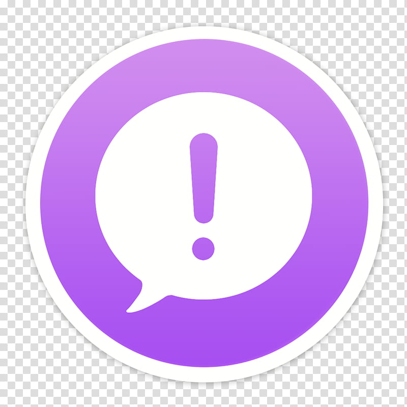 Flader  default icons for Apple app Mac os X, Feedback assistance, purple and white warning sign transparent background PNG clipart