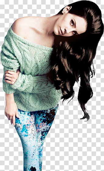 Lana Del Rey, woman in teal cable-knit sweater and multicolored leggings transparent background PNG clipart