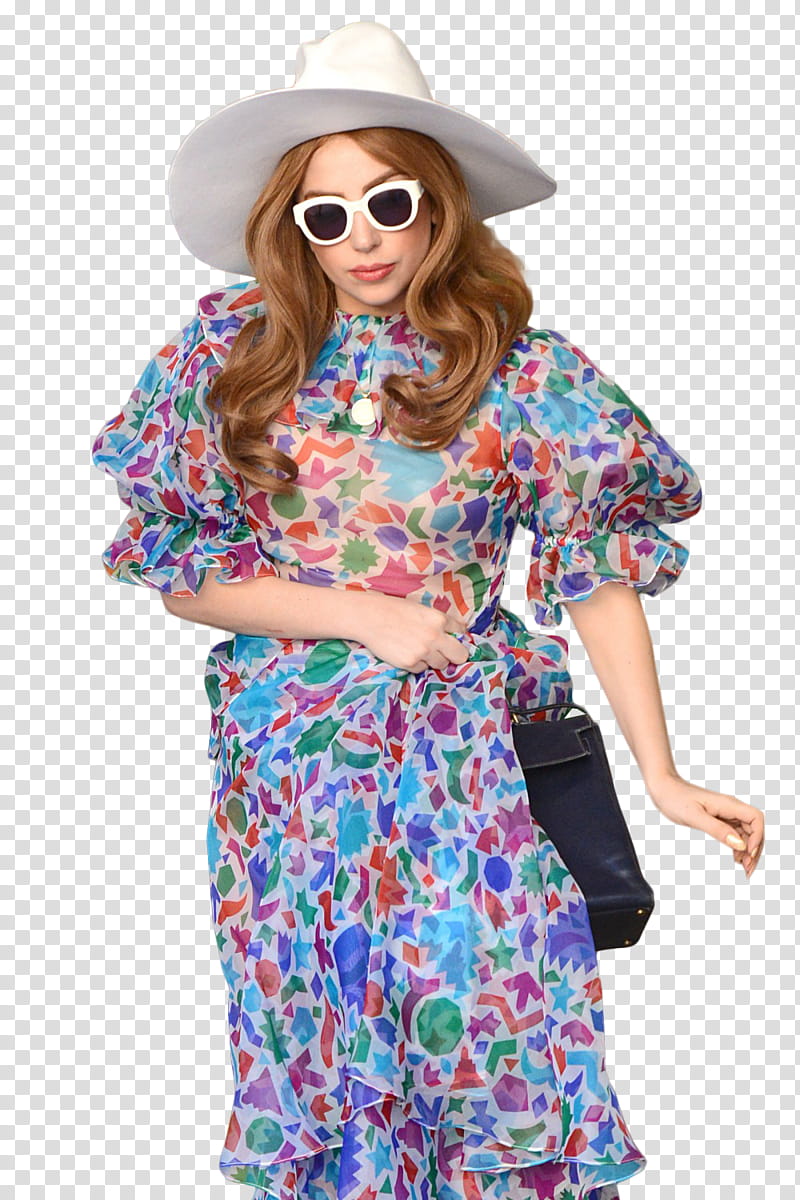 Lady Gaga s, woman wearing blue and pink floral jaboot-sleeved dress transparent background PNG clipart