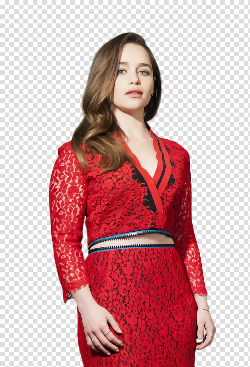 Emilia Clarke, Clothing, Red, Dress, Sleeve, Neck, Outerwear, Maroon transparent background PNG clipart