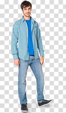 Violetta, man wearing blue and white plaid shirt and blue denim jeans transparent background PNG clipart