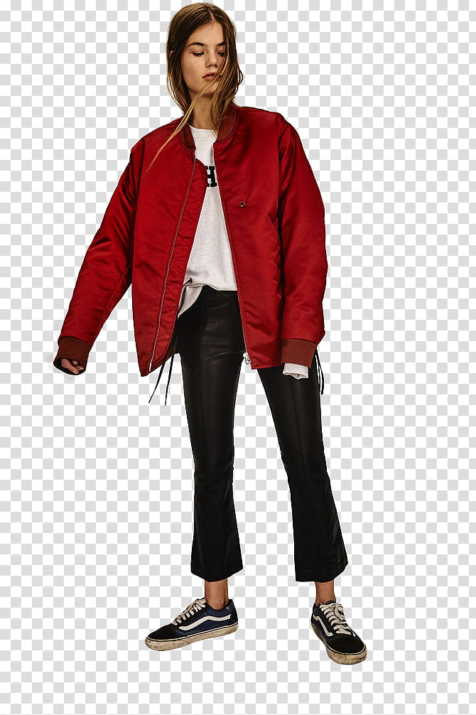 Myrthe Bolt, standing woman wearing red bomber jacket and black pants transparent background PNG clipart