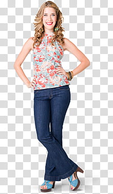 Violetta, woman in multicolored floral tank top and blue denim jeans transparent background PNG clipart