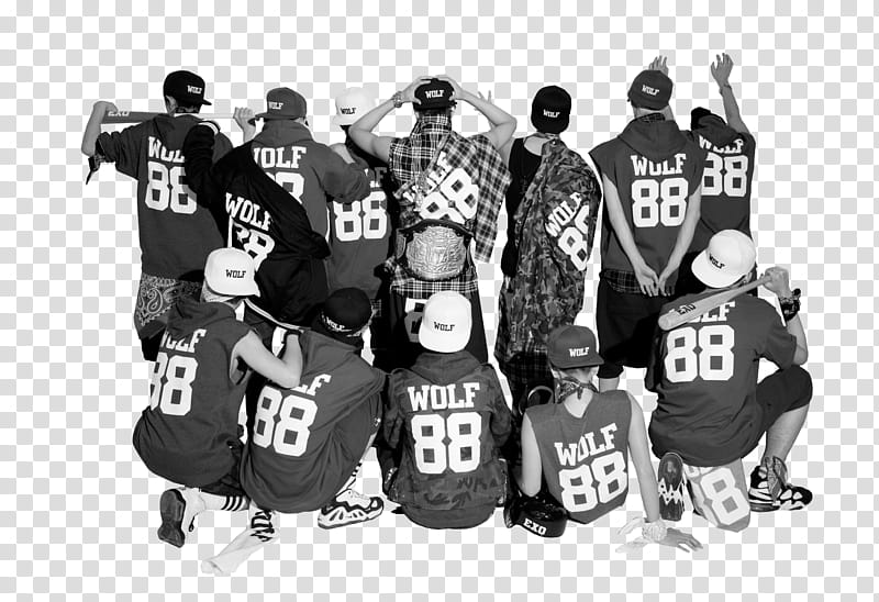 Exo Growl, group of men wearing white-and-black Wolf  jersey transparent background PNG clipart