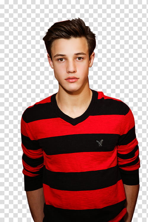 CAMERON DALLAS, man wearing red and black striped V-neck sweatshirt transparent background PNG clipart