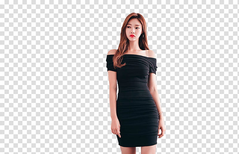 PARK JUNG YOON, woman in black ruched off-shoulder bodycon mini dress transparent background PNG clipart