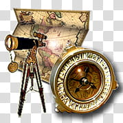 Steampunk Icon Set in format, safari, black telescope and map transparent background PNG clipart