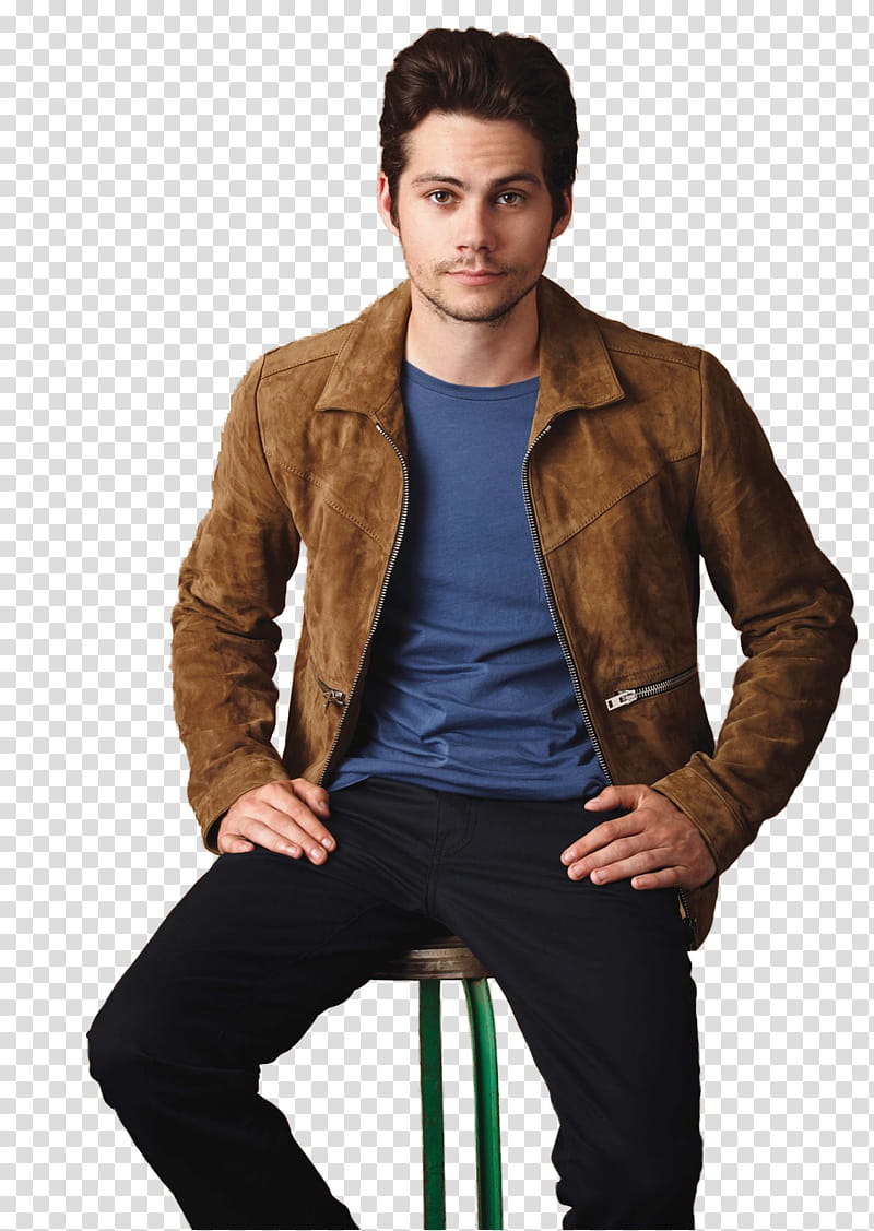 Dylan O Brien, man in brown full-zip jacket sitting on bar chair transparent background PNG clipart