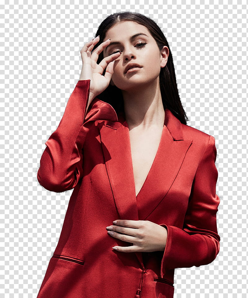 SELENA GOMEZ, Selena Gomez in red suit jacket right hand on right eye transparent background PNG clipart