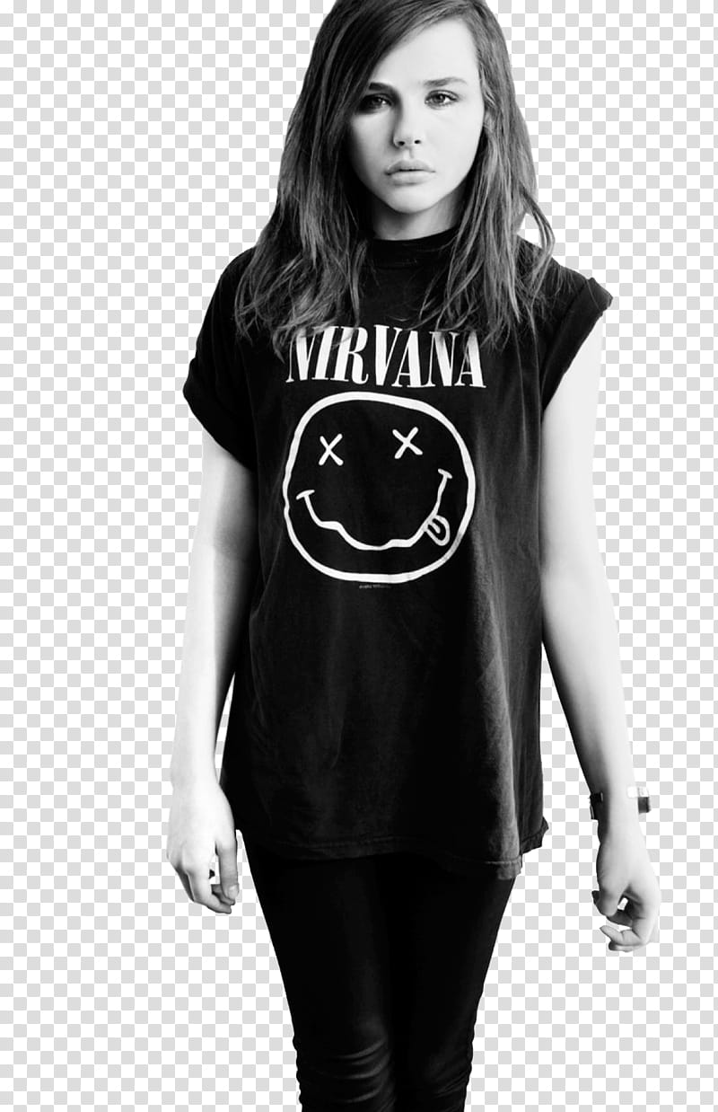 Chloe Moretz O, standing woman wearing Nirvana sleeveless shirt transparent background PNG clipart