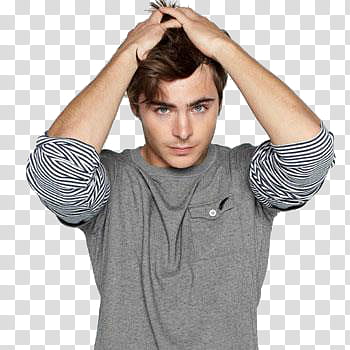 Zac Efron, man wearing gray and white shirt holding his hair transparent background PNG clipart