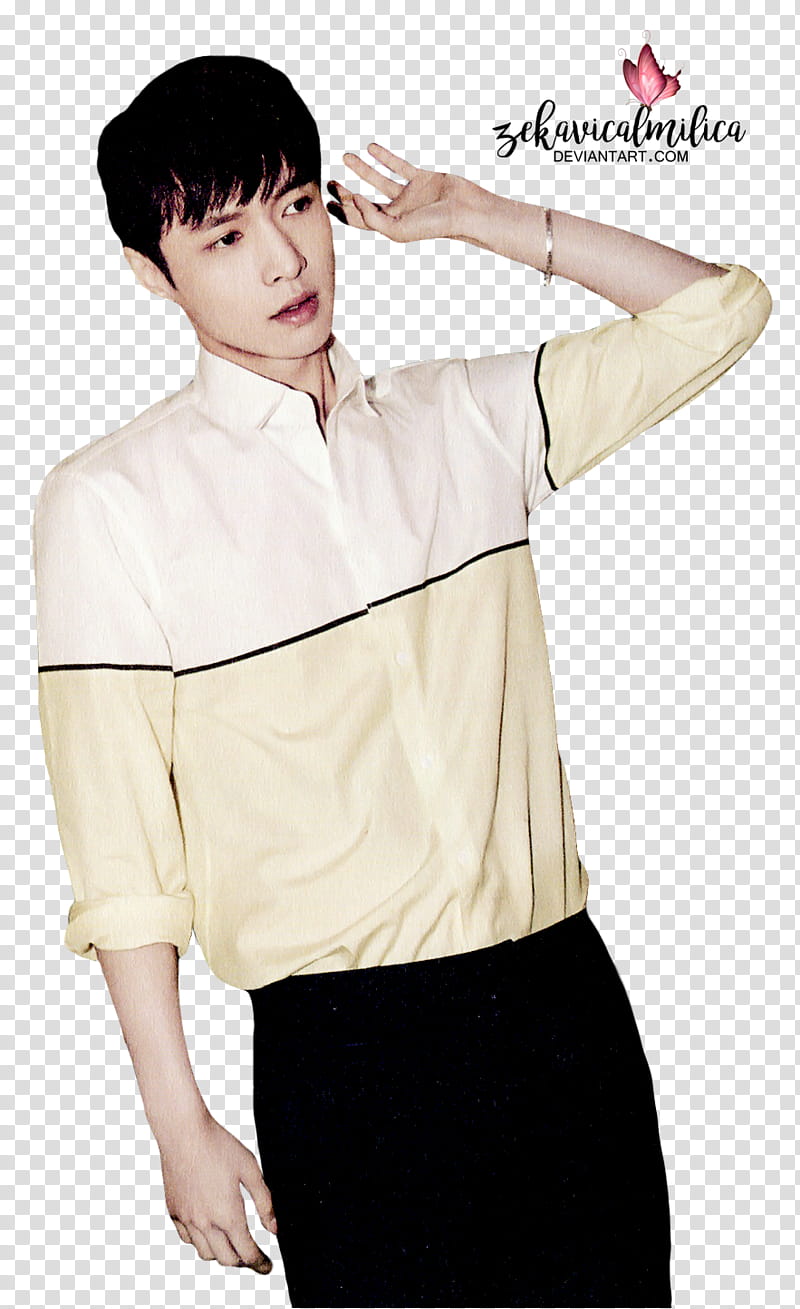 EXO Lay Love Me Right, man in yellow and white dress shirt raising his left hand transparent background PNG clipart