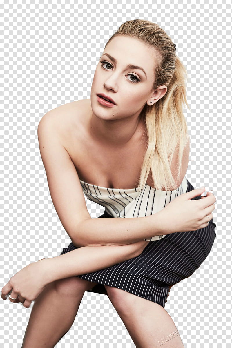 LILI REINHART, sitting woman in black and white pinstriped skirt transparent background PNG clipart