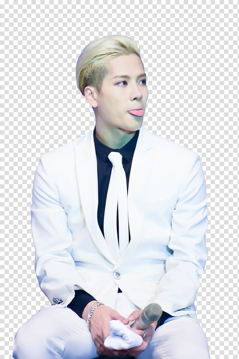 Jackson Wang, man sitting while holding microphone transparent background PNG clipart