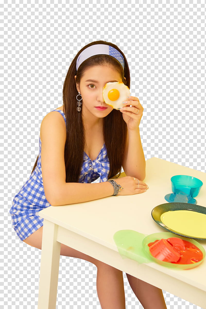 woman sits on the dining table holding sunny side up egg transparent background PNG clipart