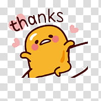 Gudetama, yellow cartoon character with thanks text overlay transparent background PNG clipart
