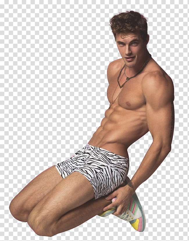 Male Models, topless man in black and white zebra print shorts posing for a transparent background PNG clipart