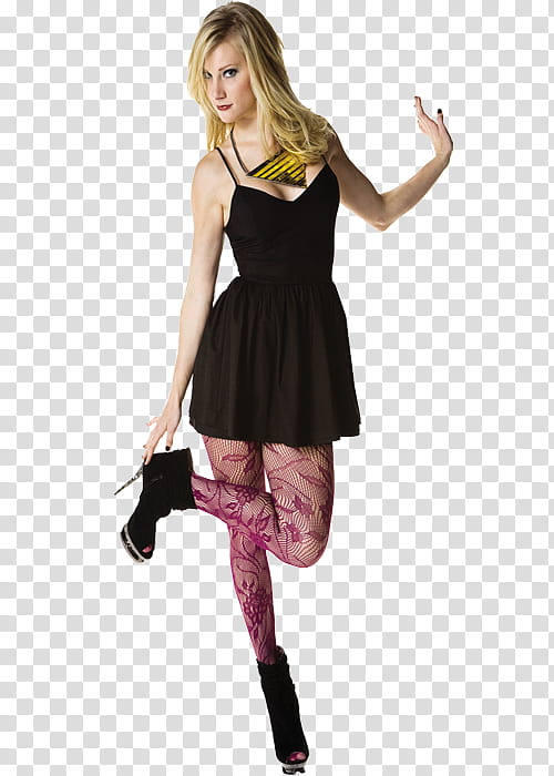 Heather Morris, women's black spaghetti strap mini dress and pair of black stilettos shoes transparent background PNG clipart