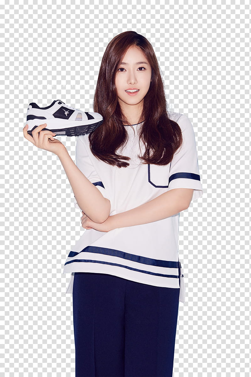 gfriend sinb, woman wearing white and purple short-sleeved shirt holding white and blue shoe transparent background PNG clipart