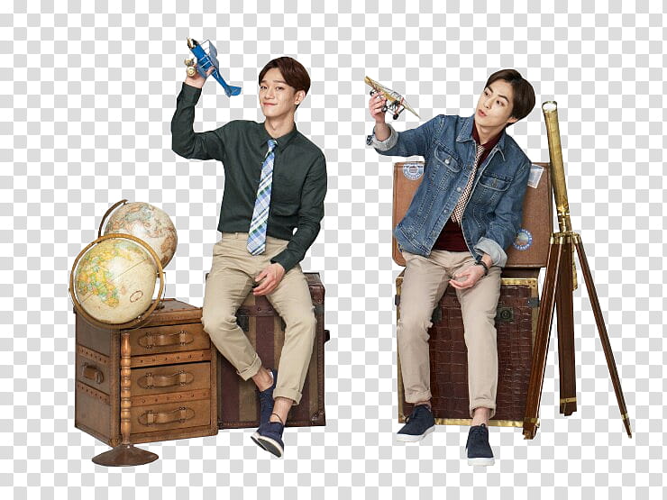 EXO, two men sitting on wooden boxes holding plane miniatures transparent background PNG clipart