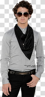 Kevin Jonas wearing gray collared button-up long-sleeved shirt and sunglasses standing transparent background PNG clipart