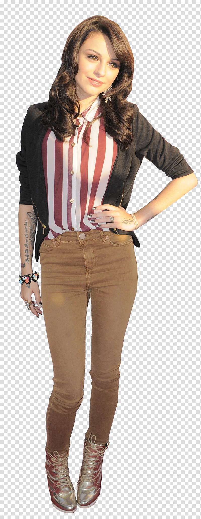 Cher Lloyd HQ, woman standing in white and red striped tops and brown denim jeans transparent background PNG clipart