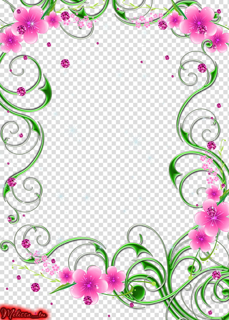 green swirls with pink flowers and gems, purple flower illustrations transparent background PNG clipart