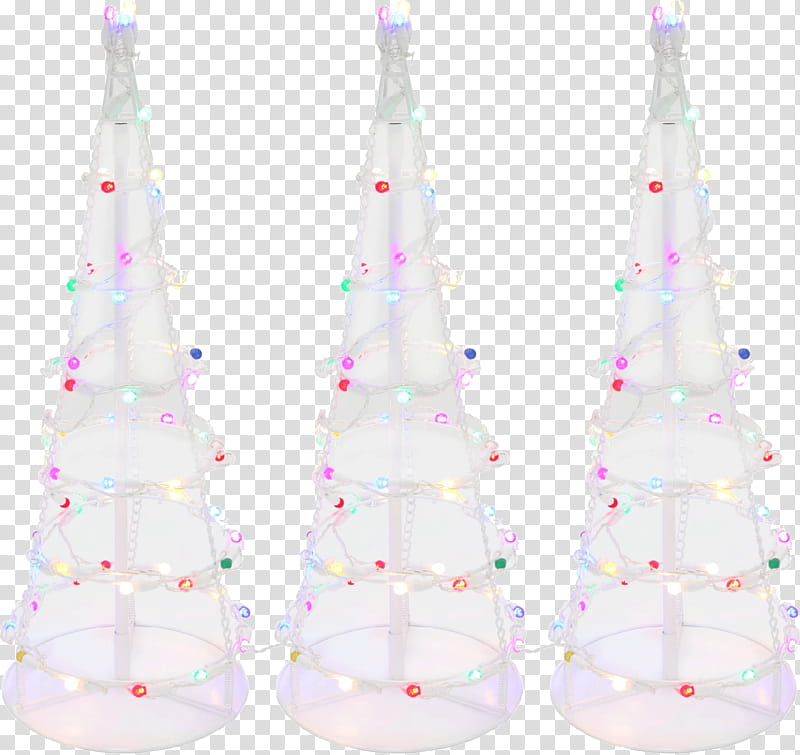 Christmas, three white Christmas trees with string lights transparent background PNG clipart