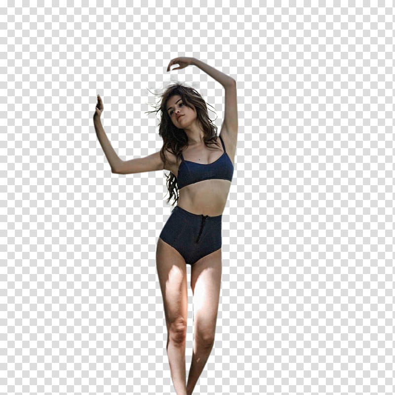 Selena Gomez, woman wearing black bikini while both hands up in the air transparent background PNG clipart