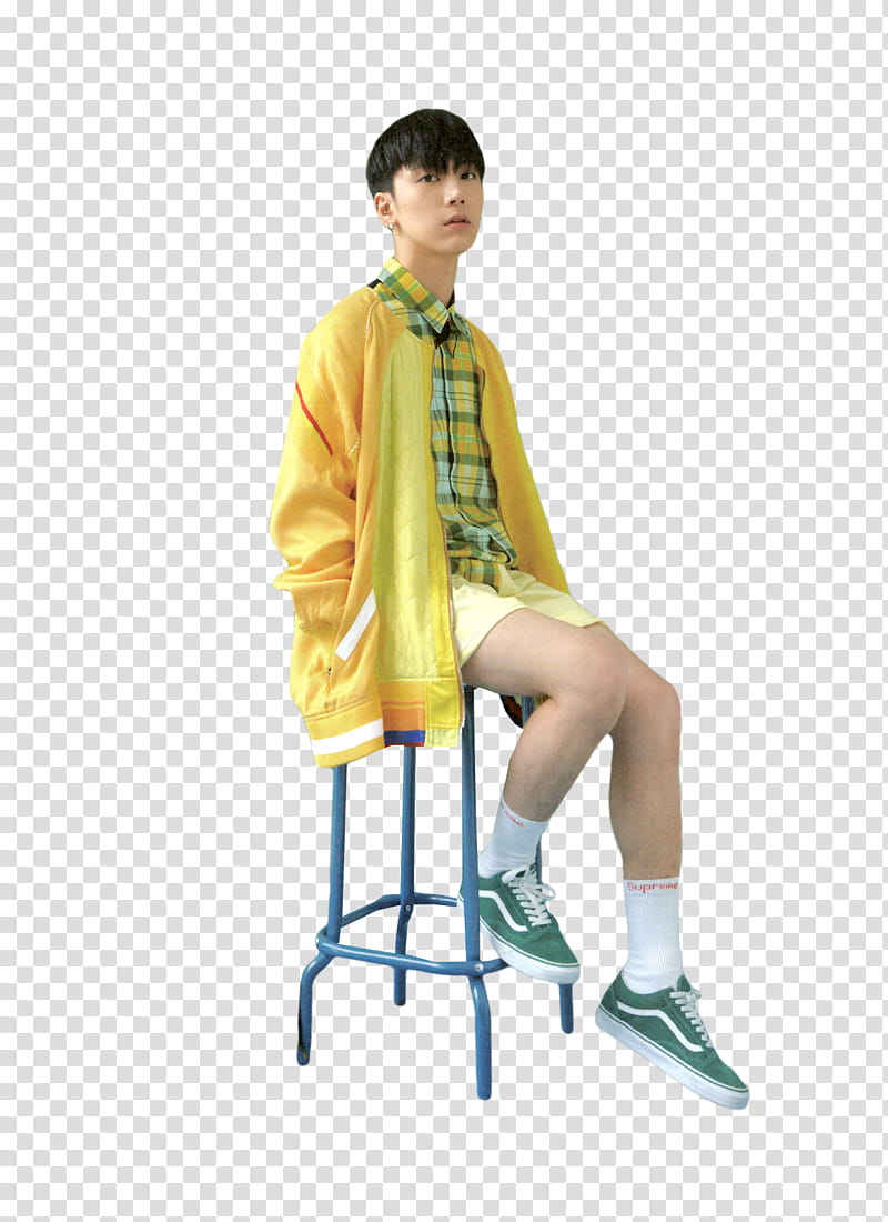 Ten NCT U, man sitting on blue metal stool transparent background PNG clipart