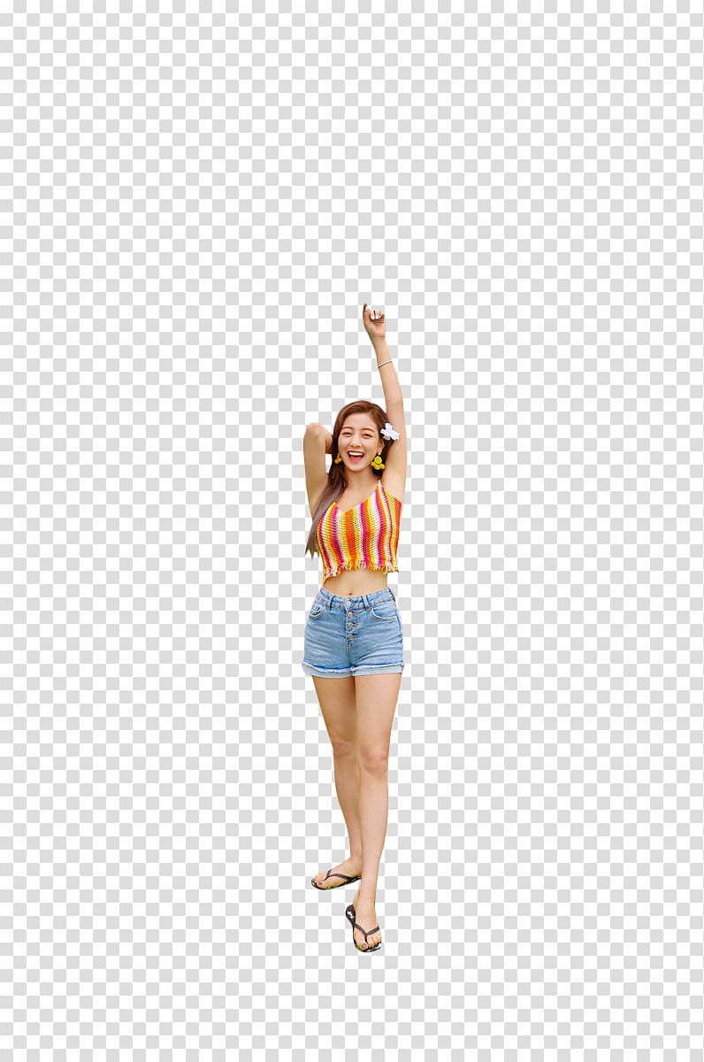TWICE DANCE THE NIGHT AWAY , woman standing wearing yellow and red striped spaghetti strap crop top transparent background PNG clipart