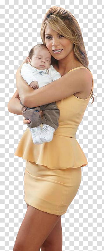 woman wearing beige mini dress carrying baby transparent background PNG clipart