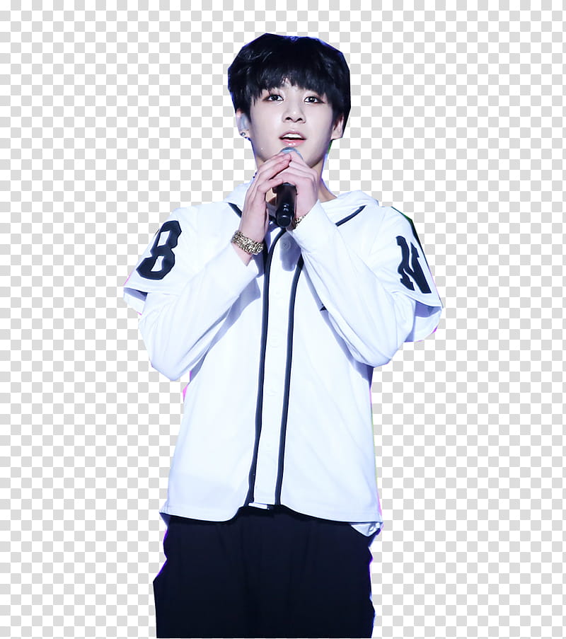 Jungkook, man in white shirt standing and holding microphone transparent background PNG clipart