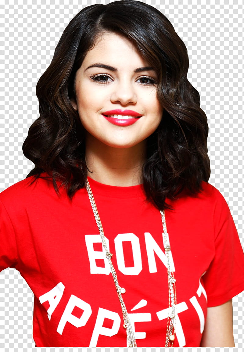 Selena Gomez, smiling Selena Gomez wearing red and white Bon Appetit-printed crew-neck t-shirt transparent background PNG clipart