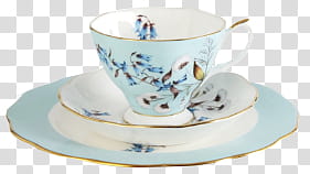 Tea, white and blue ceramic teacup in saucer transparent background PNG clipart