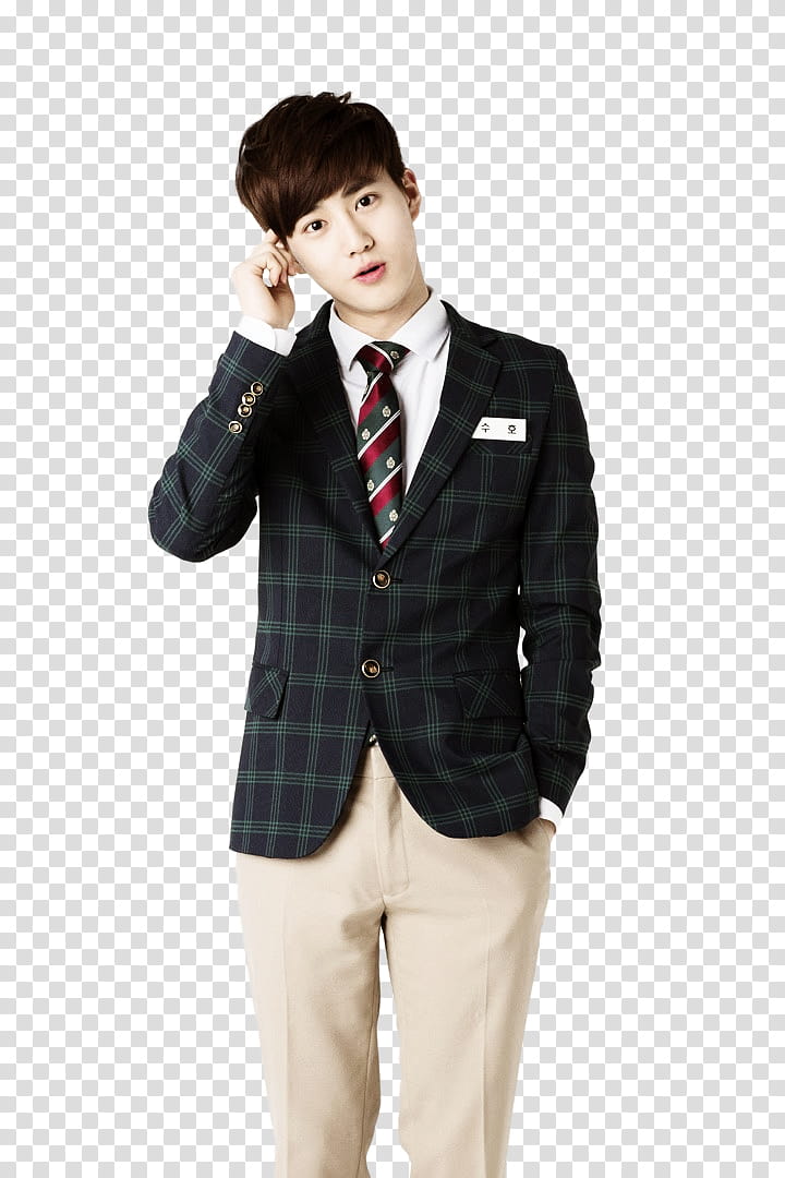 set EXO for Let BONGx Together Game, man in beige pants and blazer holds ear transparent background PNG clipart