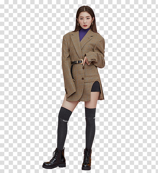 Red Velvet Irene NUOVO P, standing woman in brown side-slit coat with one hand on waist transparent background PNG clipart