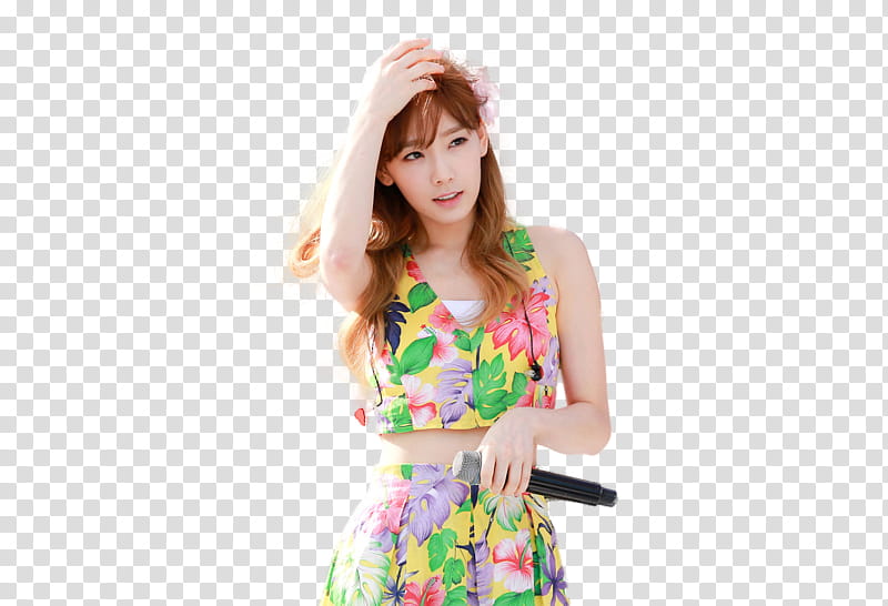 Taeyeon SNSD, woman holding microphone while resting right hand on top of her head transparent background PNG clipart