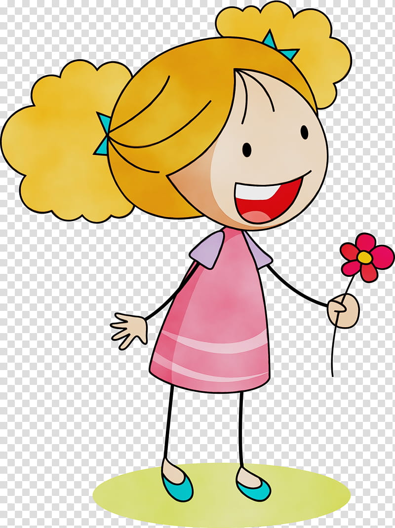 cartoon happy pleased smile, Little Girl, Flower, Cartoon, Cute, Watercolor, Paint, Wet Ink transparent background PNG clipart