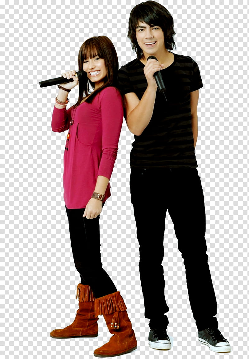 Demi Lovato s, two person singing with wireless microphone transparent background PNG clipart