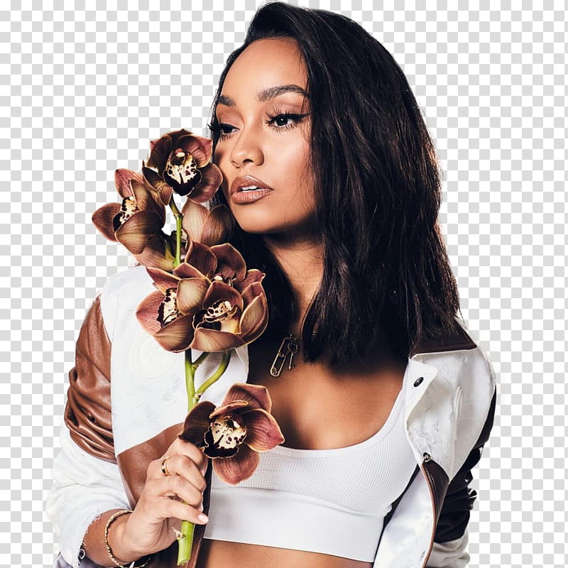 Little Mix, woman wearing white crop top holding brown flowers transparent background PNG clipart