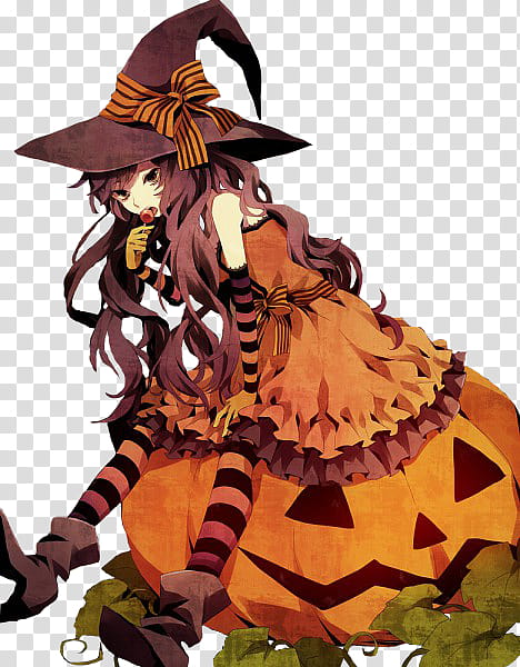 witch anime character sitting on Jack-o-lantern art transparent background PNG clipart